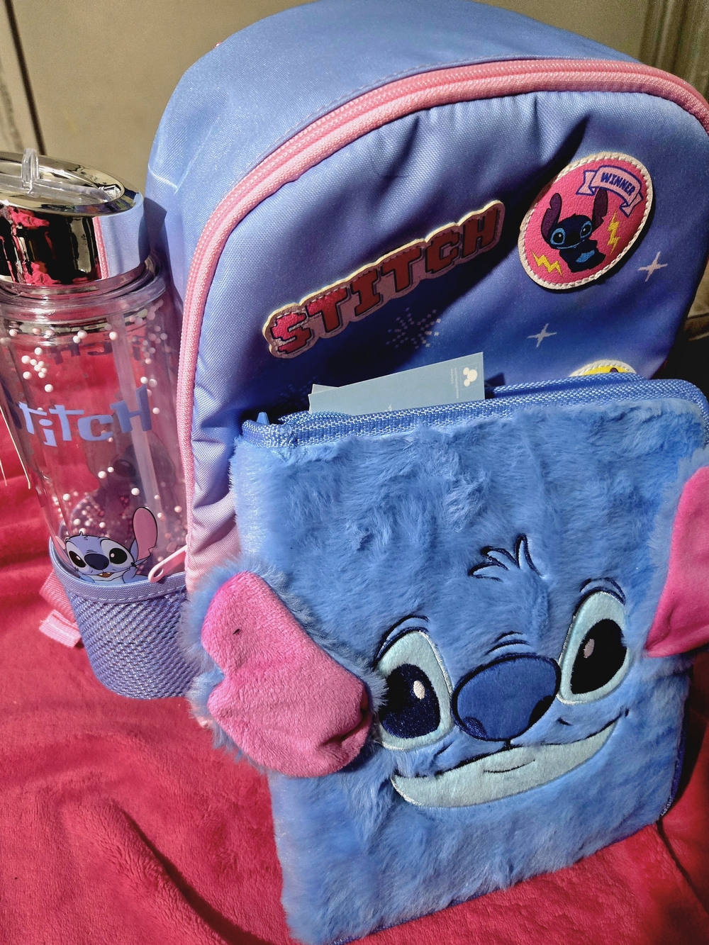 Disney Stitch Kids Blue Plush Backpack and Water Bottle Set